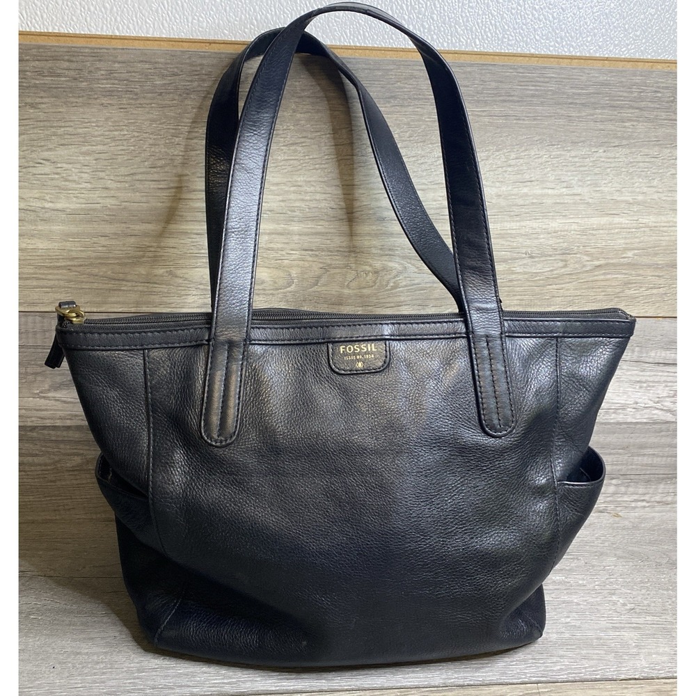 Fossil Black Pebble Leather Shopper Tote Handbag Purse